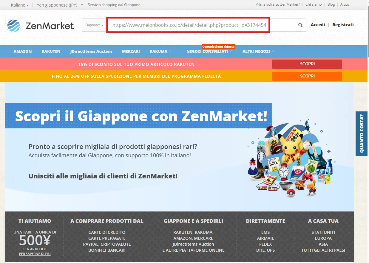 Home page di ZenMarket con link incollato