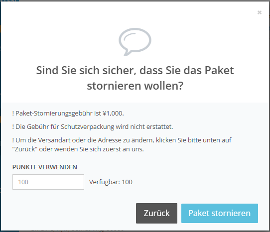 Fenster zur Stornierung eines Pakets bei ZenMarket