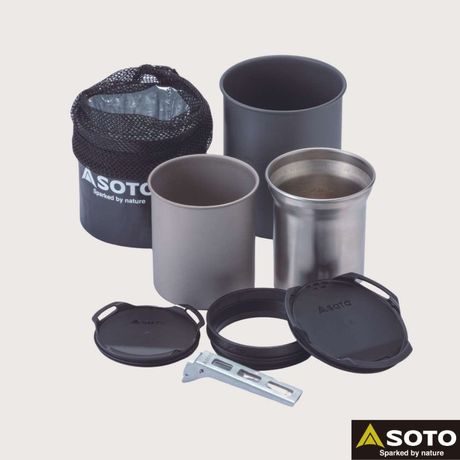 Ustensiles de camping minimaliste SOTO en titane, set compact avec popote, mugs et couvercles