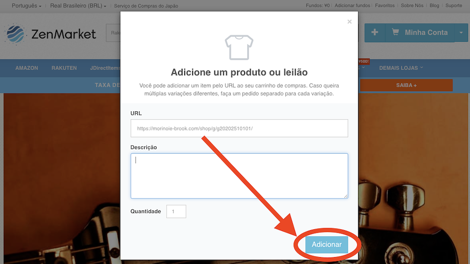 página da zenmarket após ser adicionado o produto