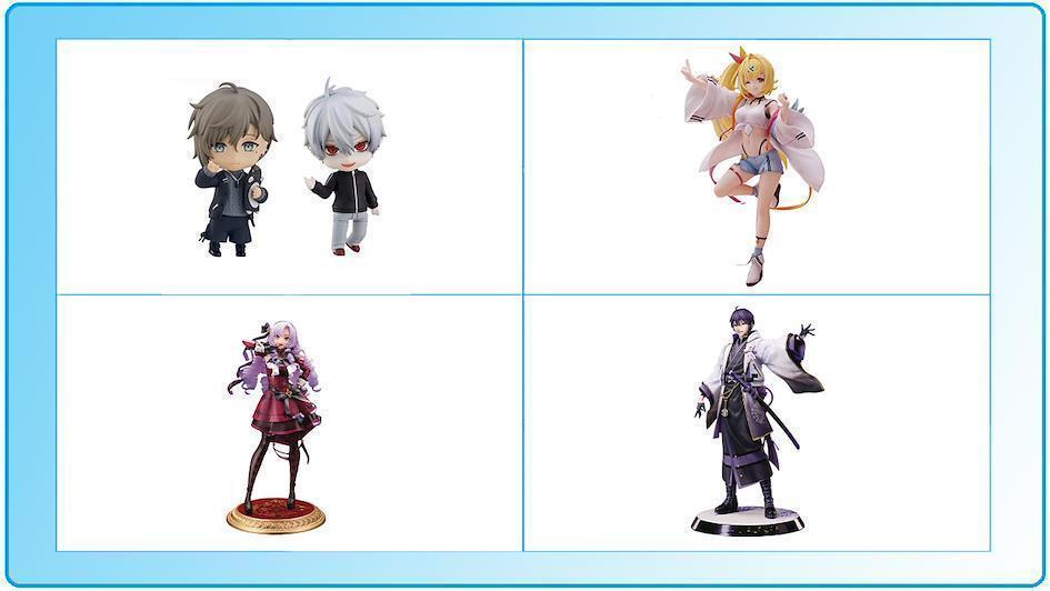 Exemples de figurines Nijisanji : figurines compl&egrave;tes, Nendoroids et figurines de loterie.