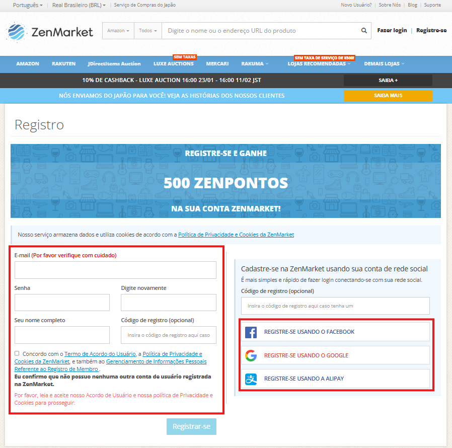 Formul&aacute;rio de Registro ZenMarket