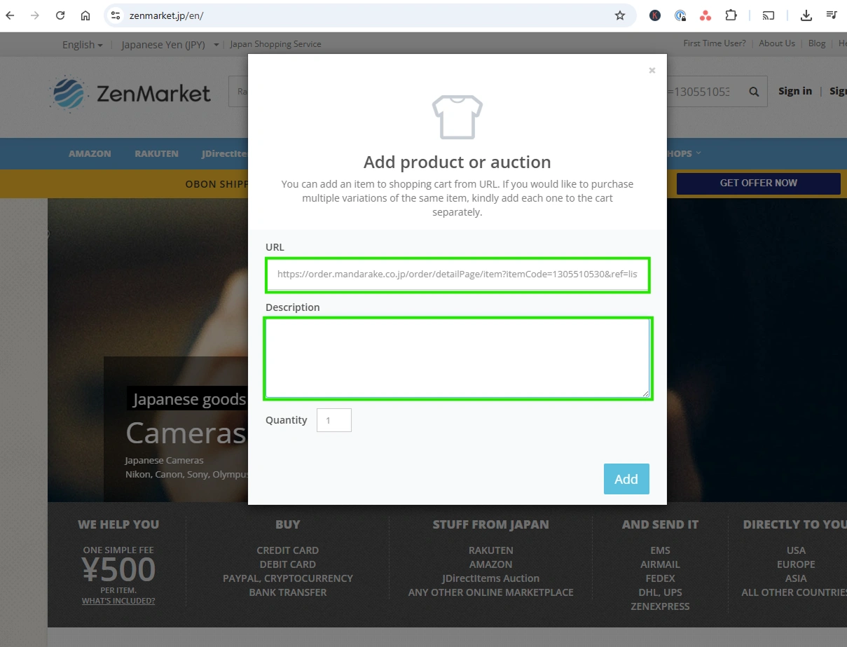 Step 4: Pop up window will appear on ZenMarket's website