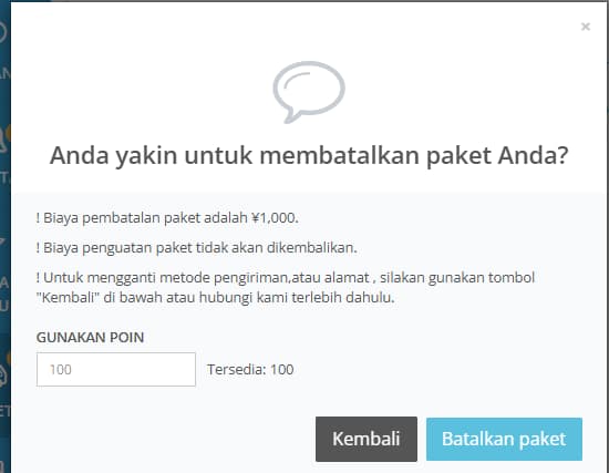 Dialog pembatalan paket ZenMarket