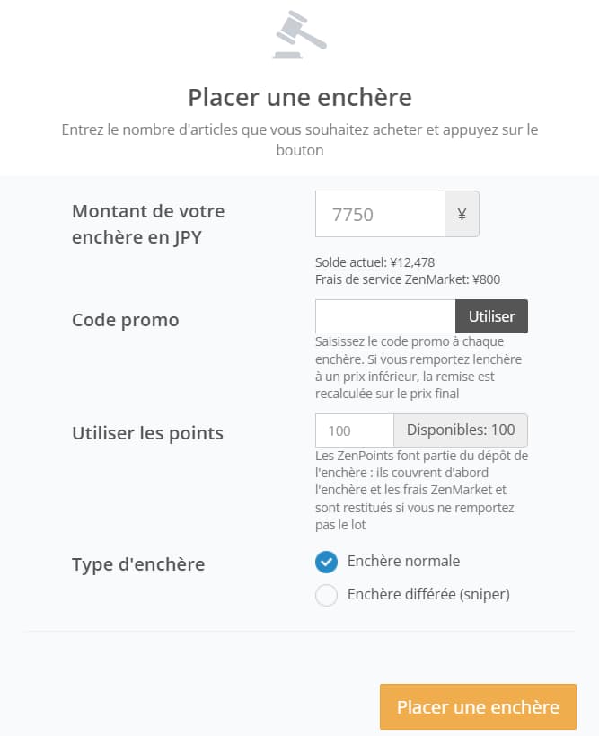 Fenêtre de placement d'une enchère sur ZenMarket