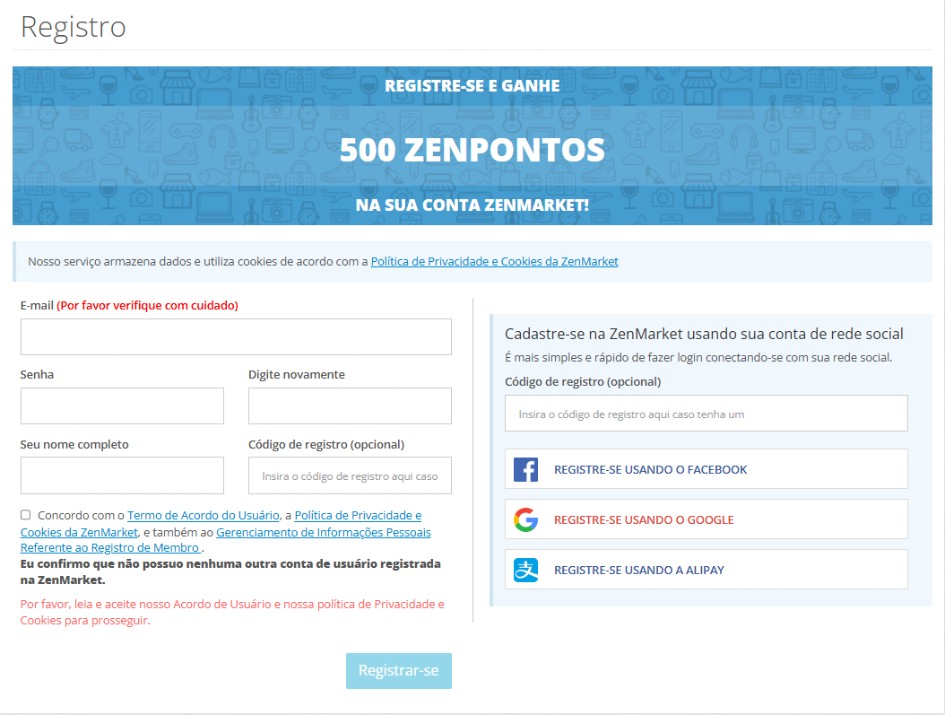 Cadastro na ZenMarket