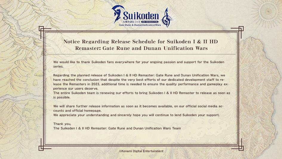 Suikoden Remaster Launch Delay Notice