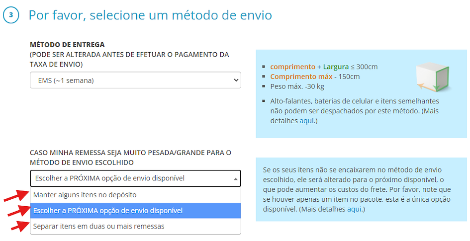 zenmarket escolha um método de envio - restrições de tamanho do método de envio mobile
