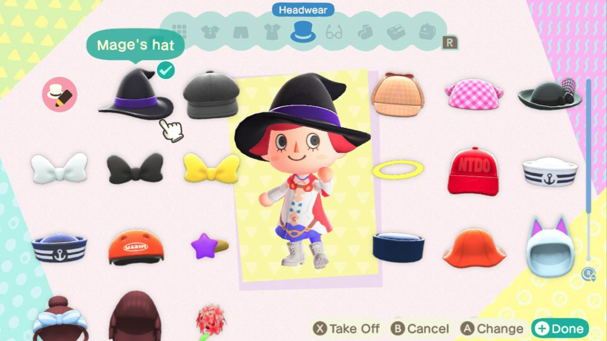 Imagem de customização de chapéus, penteado e cor de cabelo no Animal Crossing