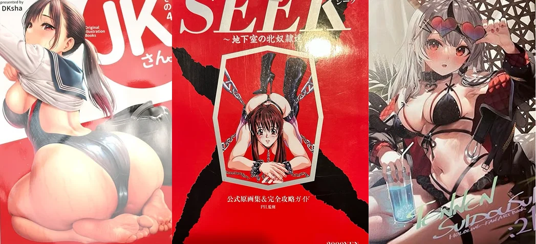 Artbook de chica con traje de ba&ntilde;o. Artbook rojo chica en un contexto de sadomasoquismo. Chica con lentes de sol con forma coraz&oacute;n y traje de ba&ntilde;o negro.