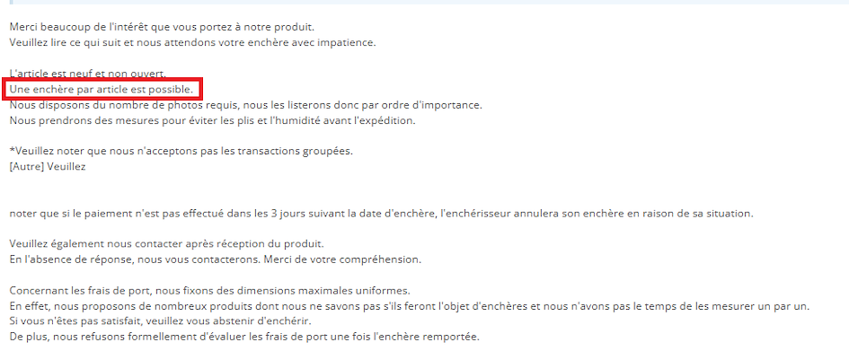 Indication de quantit&eacute; 1 isol&eacute;e dans la description du vendeur