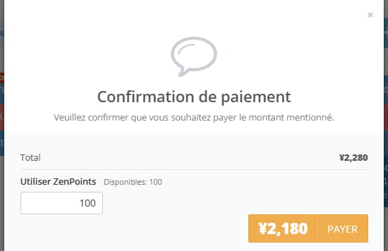 Fenêtre de sélection des ZenPoints pour le paiement d'achats d'articles