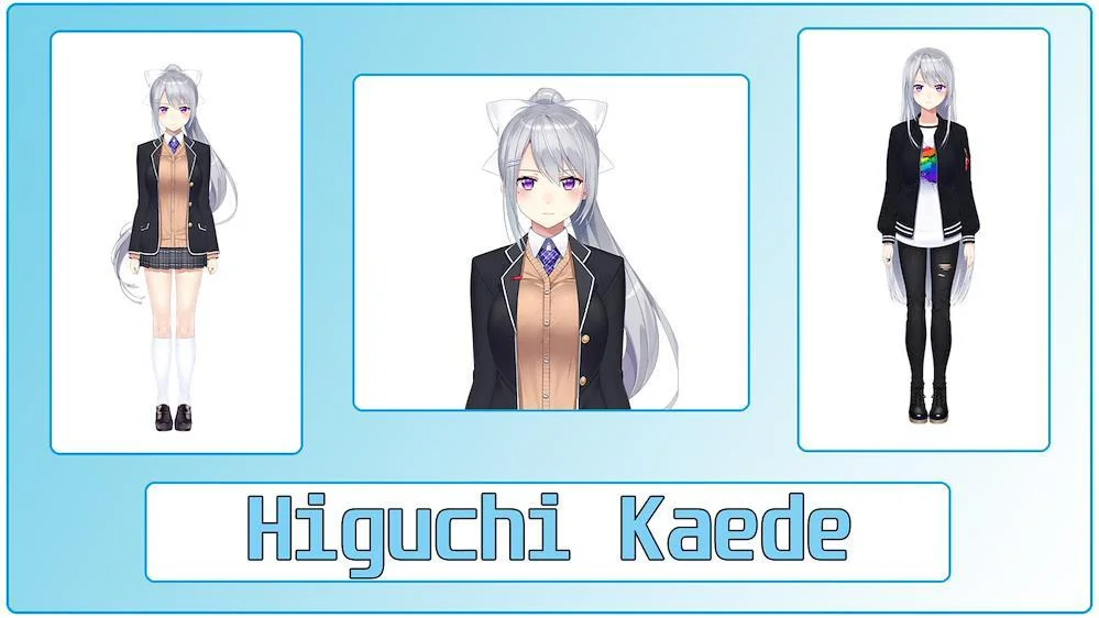 VTuber Higuchi Kaede, con su largo cabello plateado y uniforme escolar.