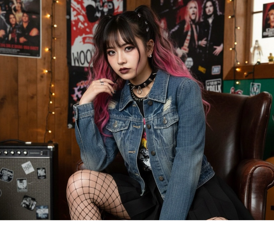 Variation moderne du style Gyaru (Heisei/Y2K) combinant mini-jupe, résilles, maquillage accentué et influences punk