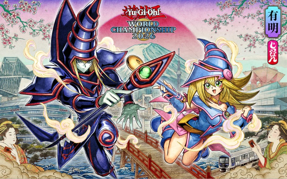 Affiche officielle Yu-Gi-Oh! World Championship 2026 à Tokyo avec Magicien Sombre, Magicienne des Ténèbres et illustration inspirée du Japon traditionnel