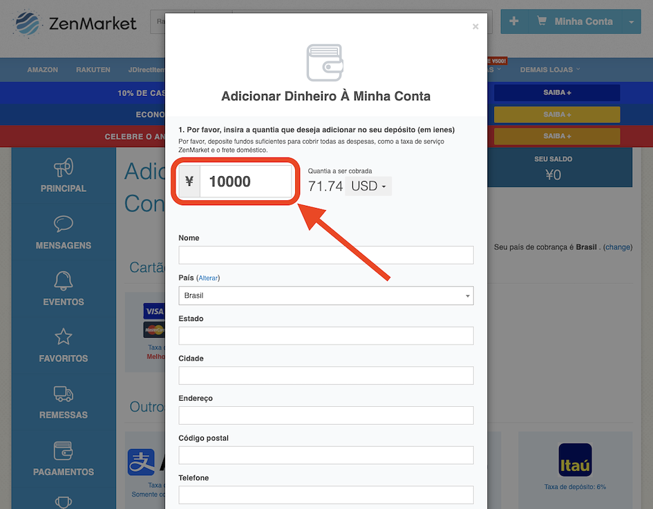 Adicionando fundos à ZenMarket com PayPal