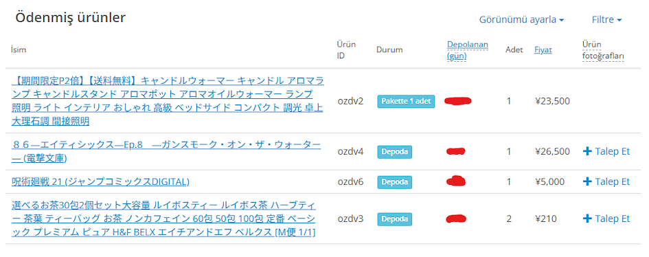 K&uuml;&ccedil;&uuml;k resimler ve Japonca &uuml;r&uuml;n adları g&ouml;r&uuml;nt&uuml;leniyor.