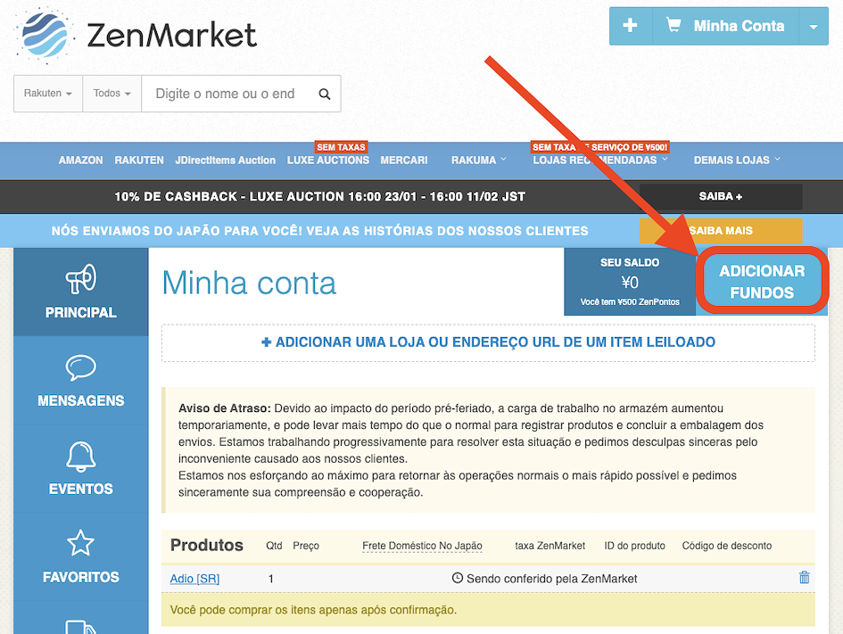 página da zenmarket com produto adicionado no carrinho