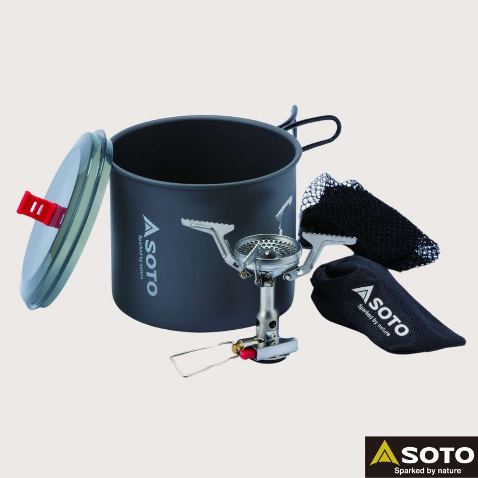 Réchaud portable compact SOTO avec popote intégrée, idéal pour cuisiner en camping en festival