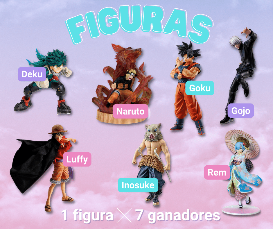 7 figuras de anime: Deku, Naruto, Goku, Gojo, Luffy, Inosuke, Rem