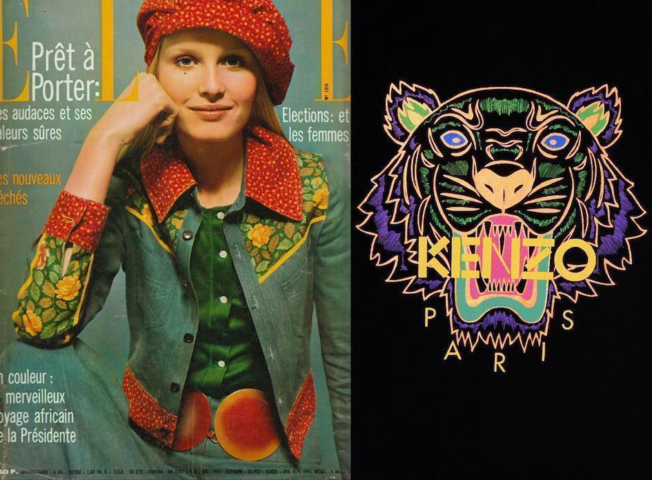 Les vêtements de Kenzo Takada en une du Elle de 1970 avec son logo de la boutique Parisienne à droite