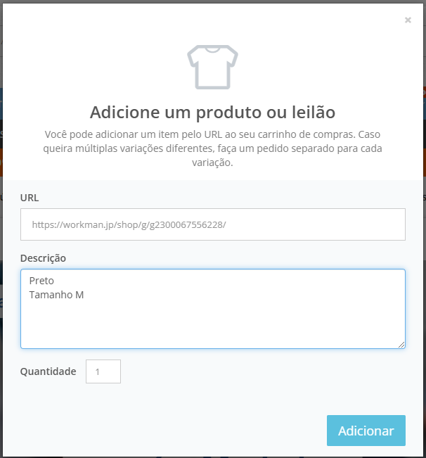 Como comprar roupas da WORKMAN internacionalmente? Passo 5: Inserir especificações, cores, quantidades e tamanhos