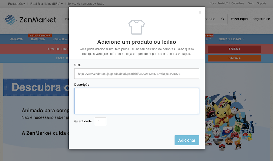 site da zenmarket na parte onde deve ser inserido os detalhes da sua compra