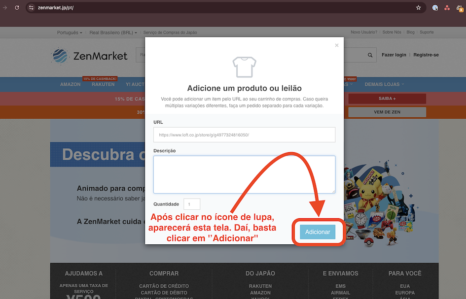adicionando o produto no carrinho de compras da zenmarket