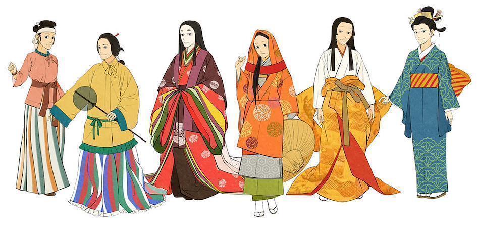 illustrations des différents vêtements à l'époque Heian