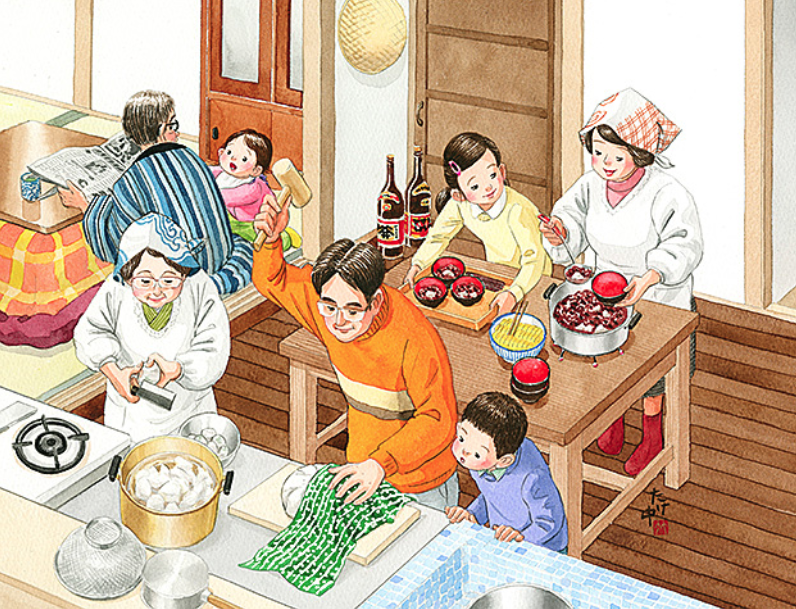 kagami biraki - Mochi (mochi empilhado com uma tangerina em cima) é quebrado e compartilhado