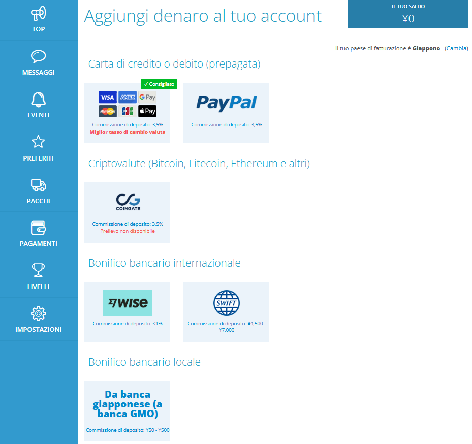 Pagina con i metodi di pagamento di ZenMarket