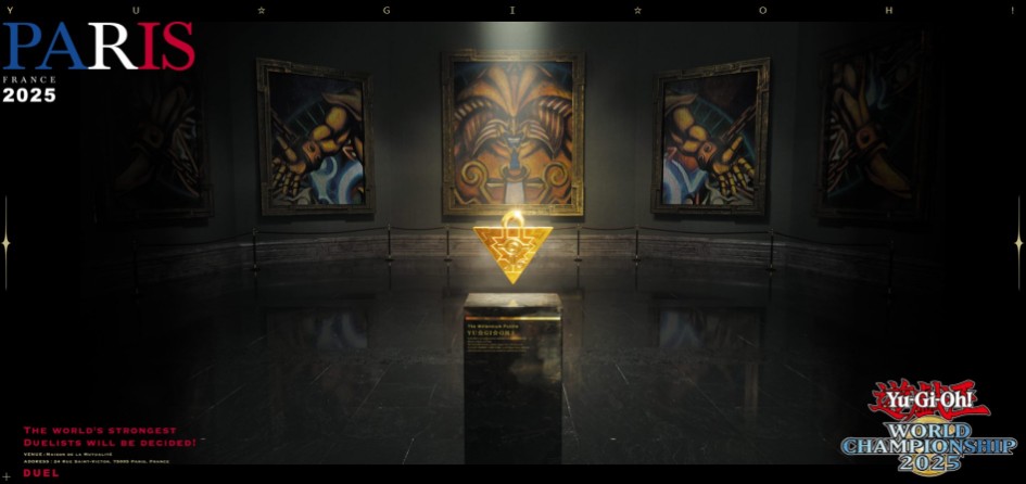 Affiche officielle du Yu-Gi-Oh! World Championship 2025 à Paris avec le Puzzle du Millénium exposé à la Maison de la Mutualité