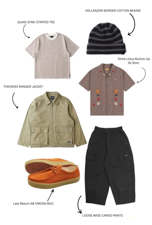 Japanese streetwear look featuring layered outfit