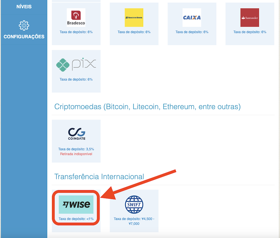 adicionando fundos pela WISE