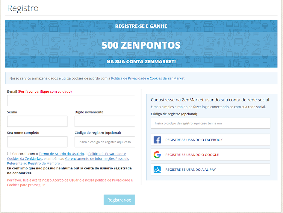P&aacute;gina de registro do ZenMarket