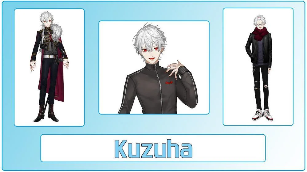 Un VTuber vampiro de cabello plateado y ojos rojos llamado Kuzuha.