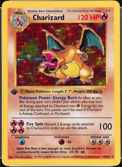 IMAGEM DO CARD First Edition Base Set Holo Charizard (Shadowless, PSA 10)