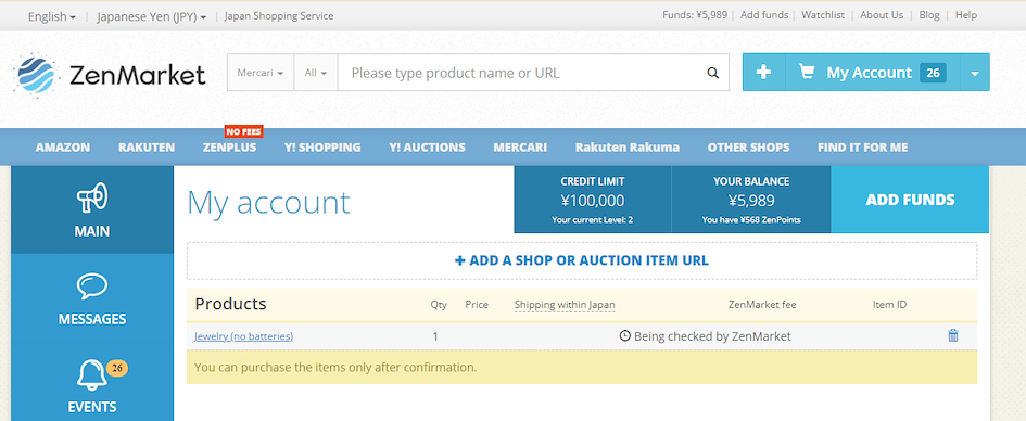 zenmarket account main screen