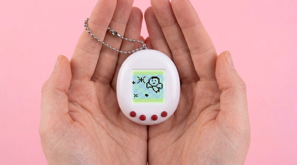 Hand holding a small digital pet device