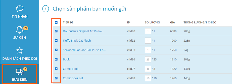 Chọn sản phẩm muốn gửi
