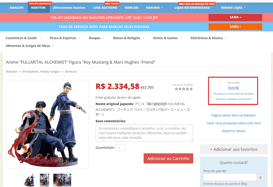 Página da ZenMarket destacando o vendedor