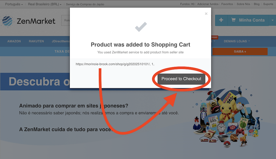 prosseguindo para o checkout no site da zenmarket