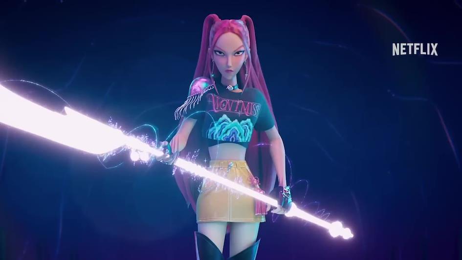 Mira et son arme f&eacute;tiche lors d&rsquo;un combat avec un d&eacute;mon dans KPOP Demons Hunter