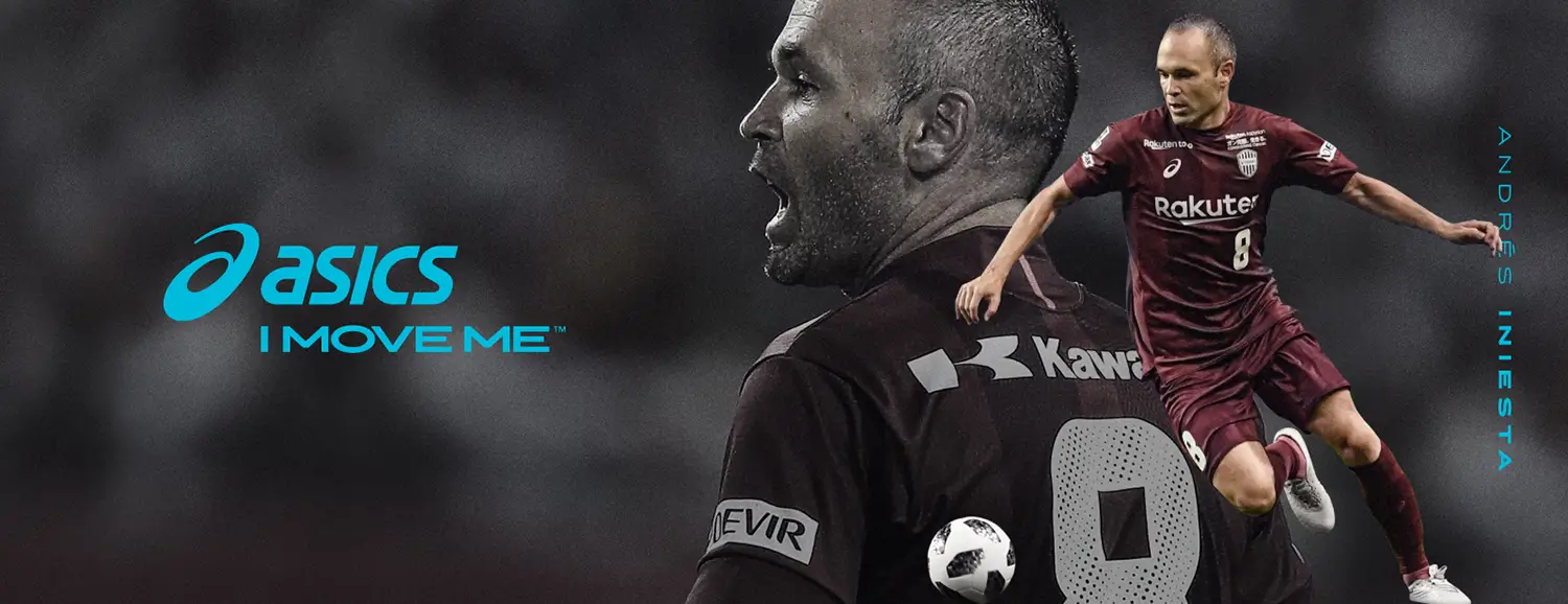 Andres Iniesta in his Vissel Kobe jersey with ASICS as a sponsor