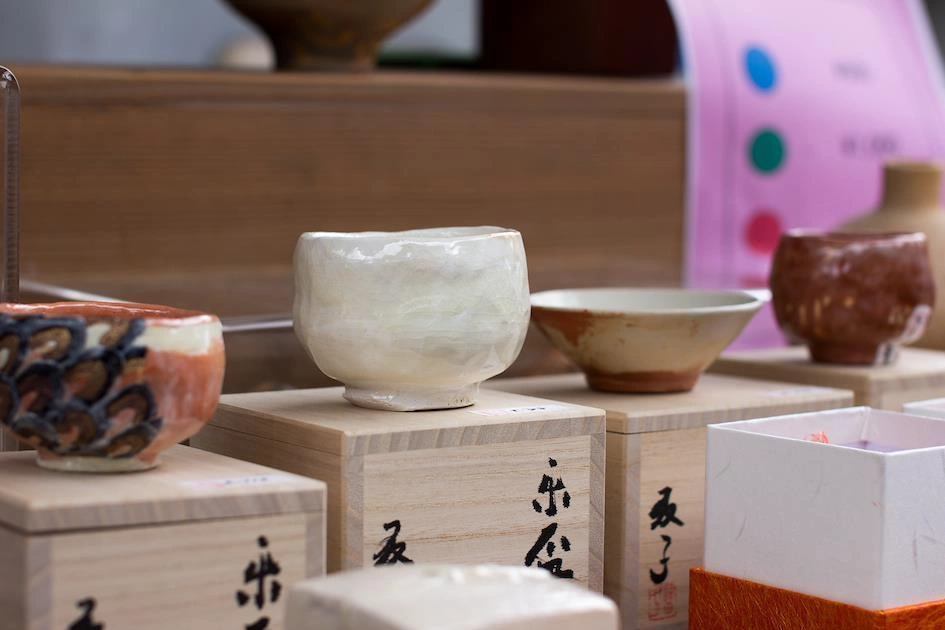 Contemporary Japanese pottery on show at a craft festival in Kyoto
