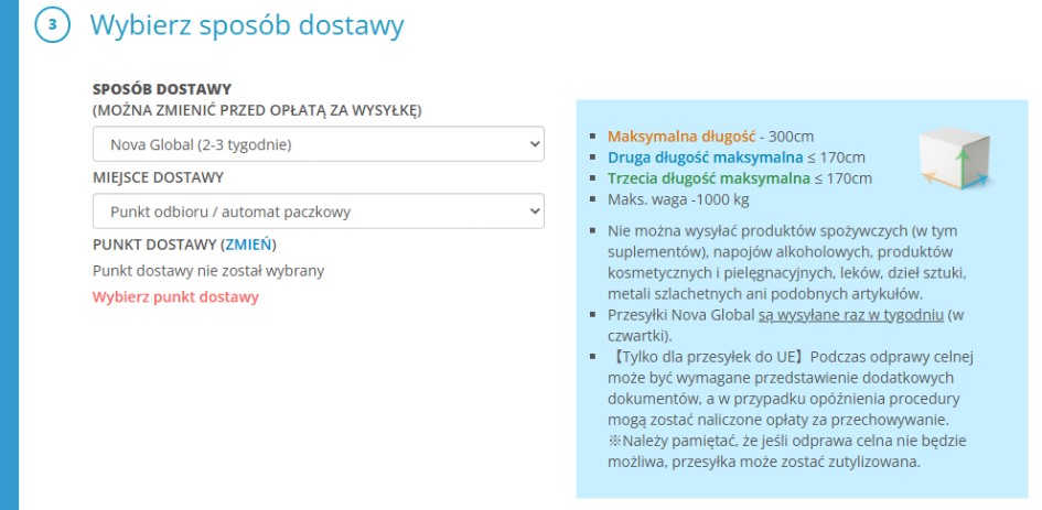 Wybierz metodę wysyłki i miejsce dostawy