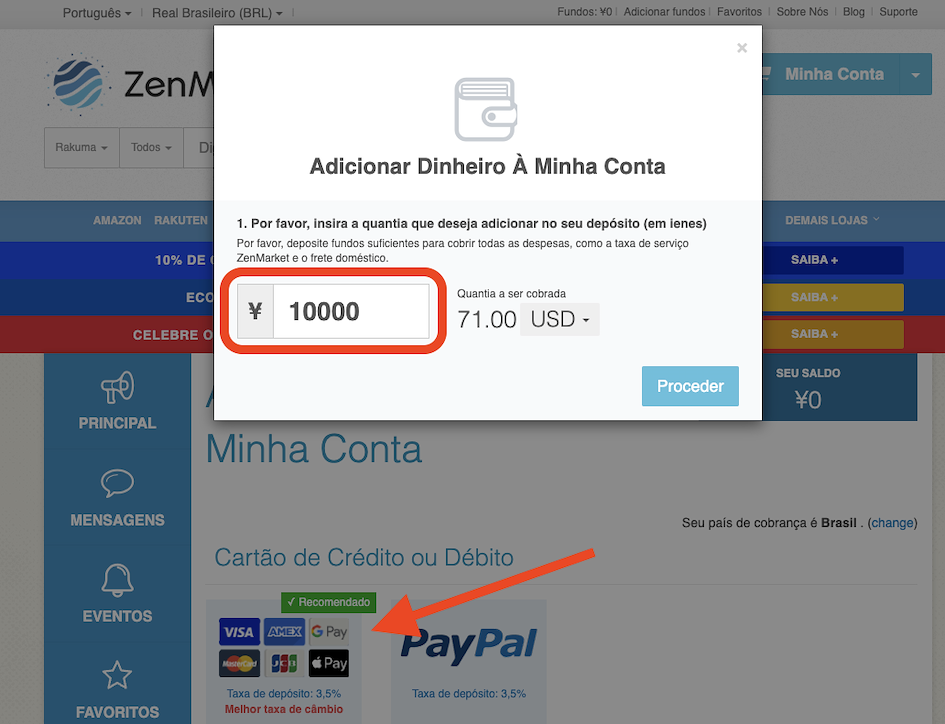 Adicionando fundos à ZenMarket com Cartão de Crédito