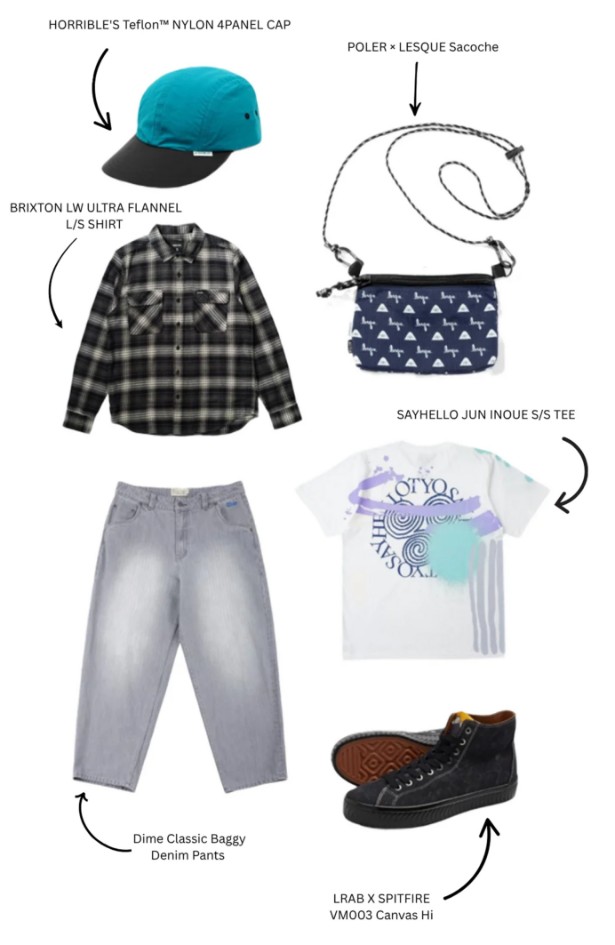 Japanese streetwear fit with cap and layered tops