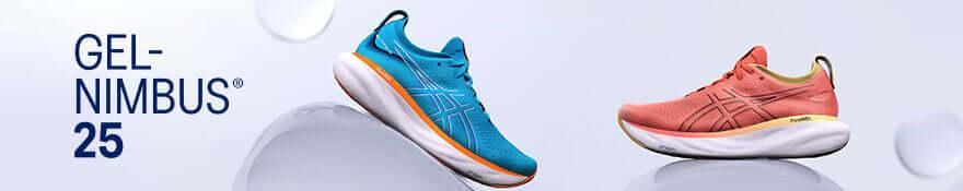 ASICS Gel-Nimbus 25 in blue and pink variants.