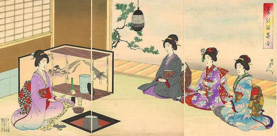 The chadō as seen in a woodblock print by the artist Toyohara Chikanobu